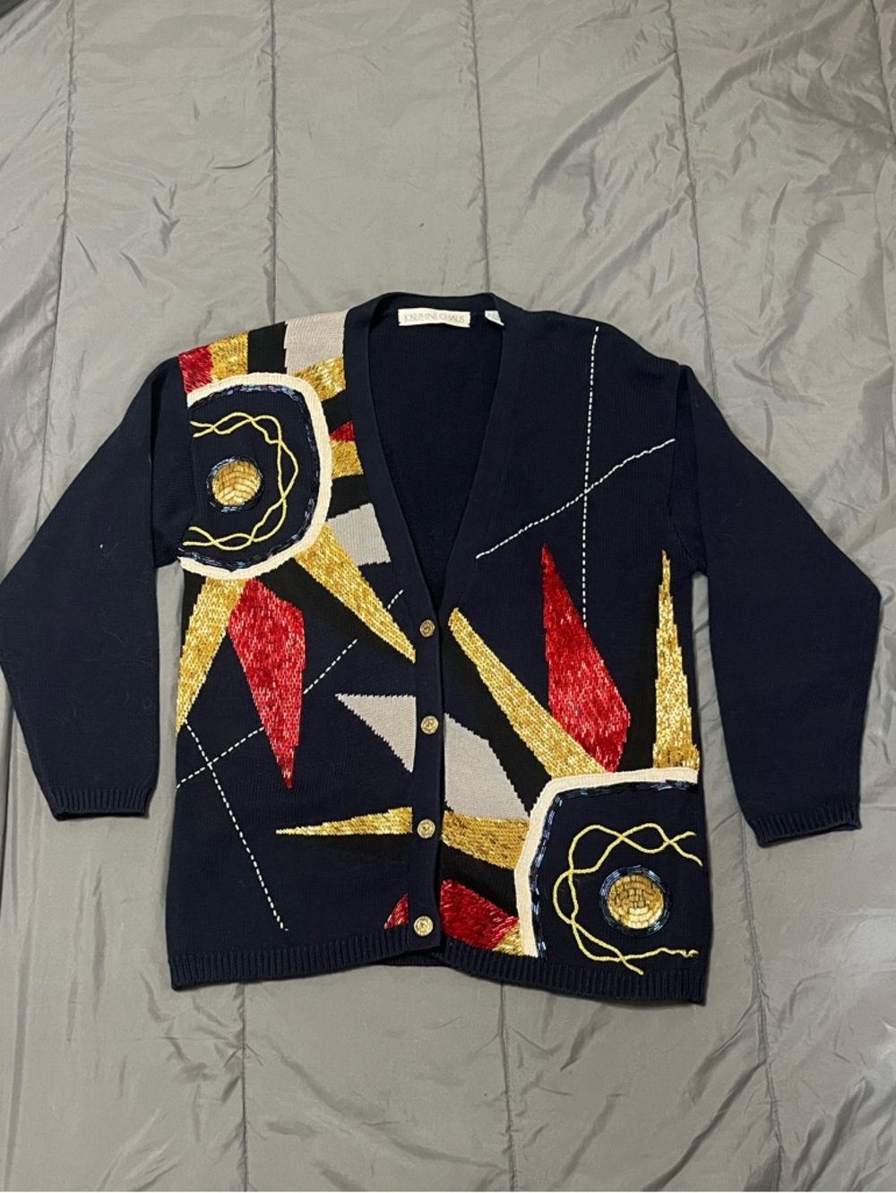 VTG Josephine Chaus Navy Bugle Bead Sun Burst Detailed Nautical Cardigan Sweater